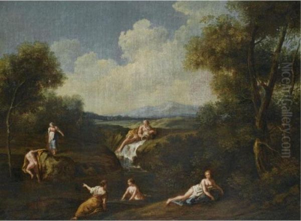 A River Landscape With Nymphs Bathing Before A River God Oil Painting by Giuseppe Zais