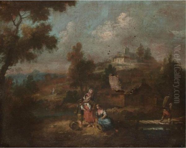 A River Landscape With A Mother And Her Children In The Foreground Oil Painting by Giuseppe Zais