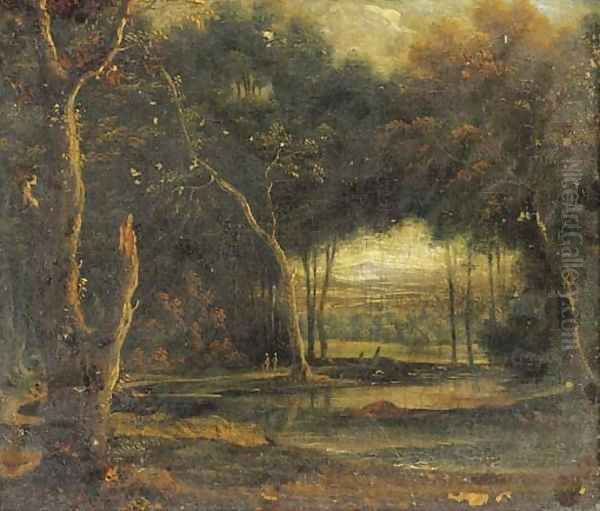 A wooded landscape with figures by a pond Oil Painting by Lucas Van Uden