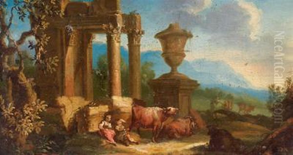 Paesaggio Con Rovine E Pastori Oil Painting by Giuseppe Zais