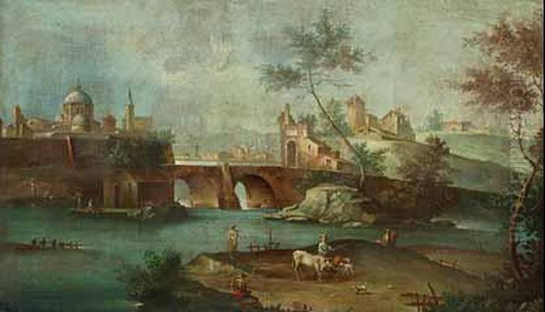 Italienische Landschaft Mit Figurenstaffage, Ortschaft Und Brucke. Oil Painting by Giuseppe Zais