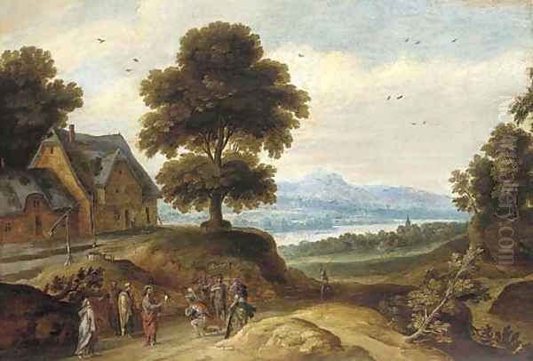 A wooded river landscape with Christ and the Centurion Oil Painting by Lucas Van Uden