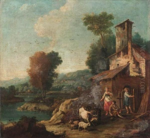 Paesaggio Fluviale Con Torrione, Tempietto E Carovana Di Viandanti Oil Painting by Giuseppe Zais