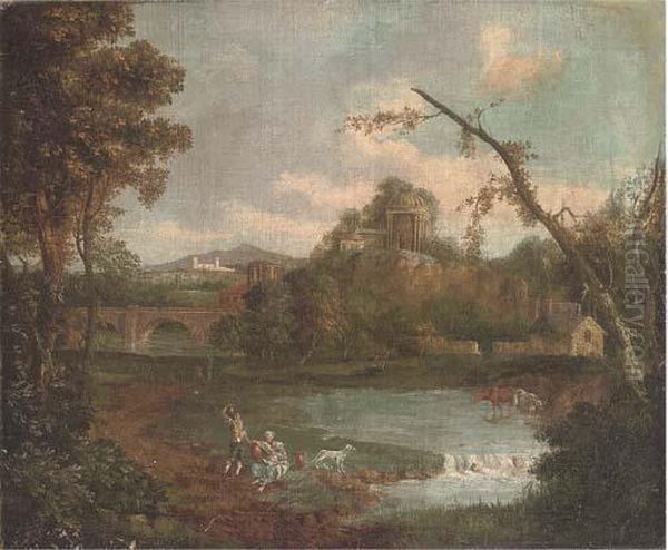 An Extensive Landscape With Figures By A Lake Oil Painting by Giuseppe Zais