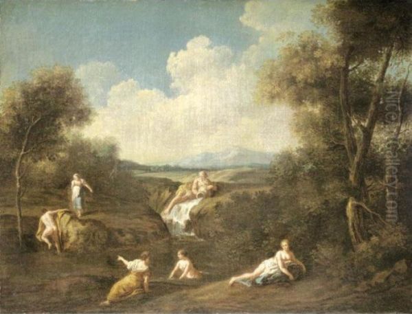 A River Landscape With Nymphs Bathing, A River God Beyond Oil Painting by Giuseppe Zais