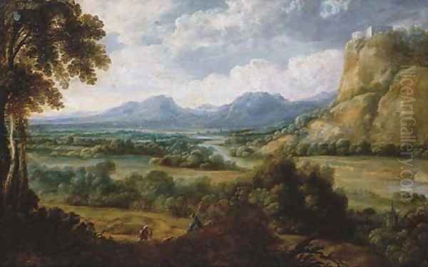 An extensive river landscape with a herdsman resting on a path, mountains beyond Oil Painting by Lucas Van Uden