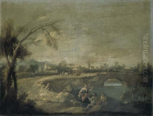 Paesaggio Fluviale Con Lavandaia Ed Altre Figure Presso Un Ponte Dipietra Oil Painting by Giuseppe Zais