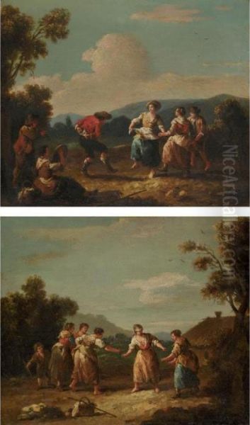 An Italianate Landscape With 
Figures Playing Blindman's Bluff; An Italianate Landscape With Figures 
Dancing Oil Painting by Giuseppe Zais