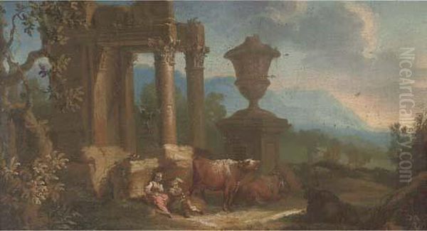 Drovers And Their Cattle Resting By Classical Ruins Oil Painting by Giuseppe Zais