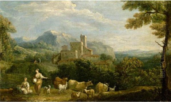 Pastoral Landscape With Drovers In The Foreground A Hill Top Town Beyond Oil Painting by Giuseppe Zais