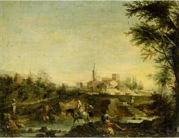 Italianate Landscape With Figures Beside A River, A Town Beyond Oil Painting by Giuseppe Zais