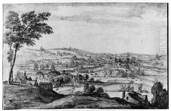 An extensive wooded hilly Landscape with a Monastery in the foreground, a town beyond Oil Painting by Lucas Van Uden