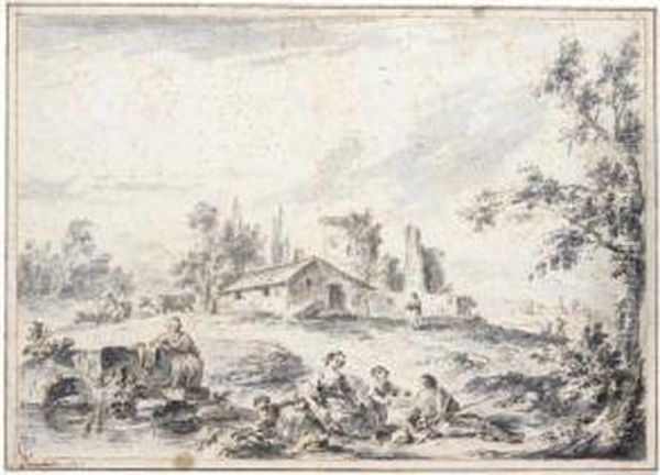 Rural Landscape With Peasants Resting By A Stream Oil Painting by Giuseppe Zais