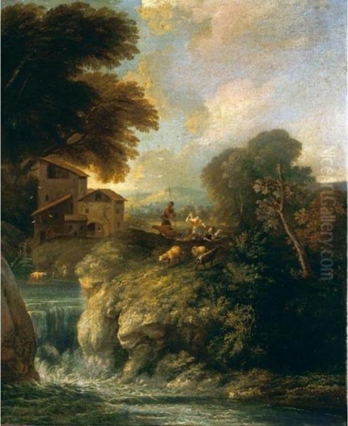 Paesaggio Con Cascata, Pastori, Animali, Ed Un Casolare Sullo Sfondo Oil Painting by Giuseppe Zais