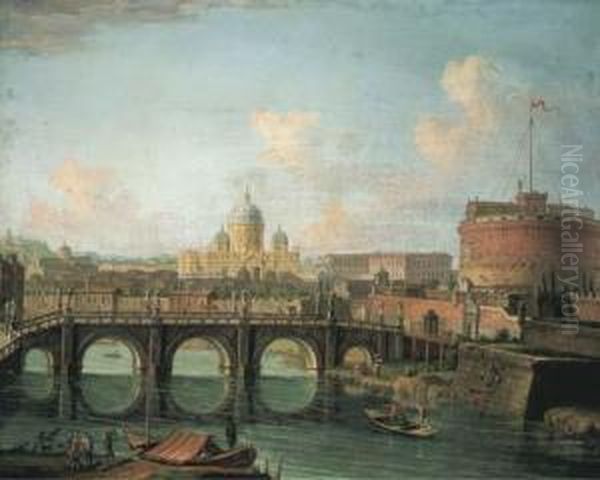 The Tiber, Rome, With The Castel
 Sant' Angelo And Saint Peter's Inthe Background; And The Roman Forum Oil Painting by Giuseppe Zais