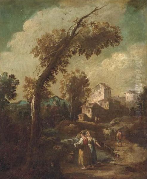 A River Landscape With Washerwomen And Herdsmen, A Townbeyond Oil Painting by Giuseppe Zais