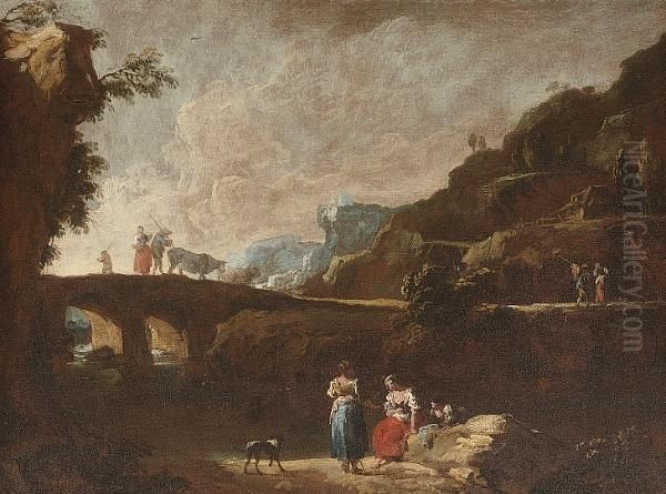 A Rocky River Landscape With 
Figures Resting Beside The Bank, Drovers Crossing A Bridge Beyond; And 
An Extensive Landscape With Peasants By A River Bank Calling To Others 
In A Boat Beyond Oil Painting by Giuseppe Zais