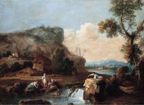 A Pastoral Landscape With A Fisherman And Other Figures By A Stream Oil Painting by Giuseppe Zais