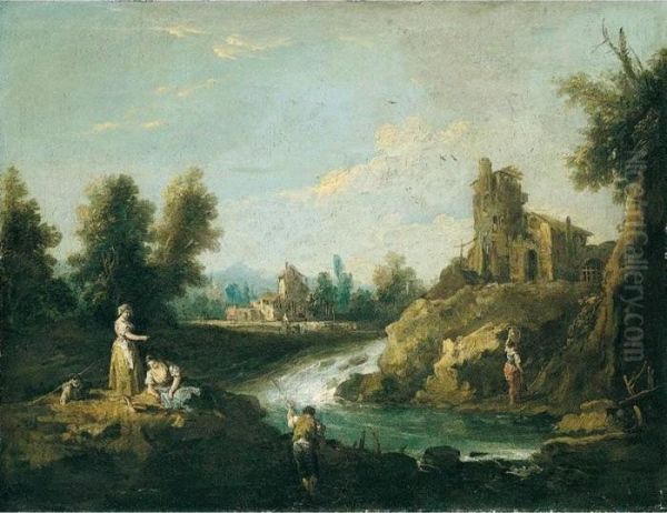 A River Landscape With A 
Fisherman And Women In The Foreground, A Woman Carrying Water Towards A 
House Beyond Oil Painting by Giuseppe Zais