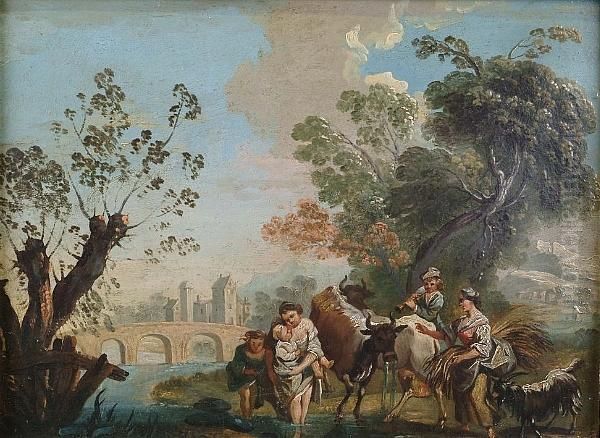 An Italianate Landscape With Peasants And Cattle Fording A River, A Bridge Beyond Oil Painting by Giuseppe Zais