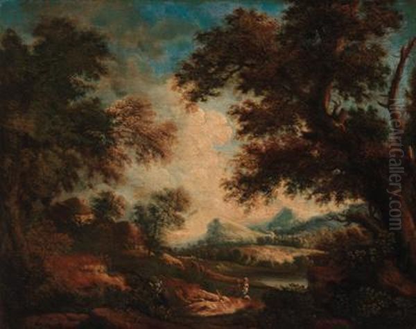 Peasants Resting In Extensive Wooded River Landscapes Oil Painting by Giuseppe Zais