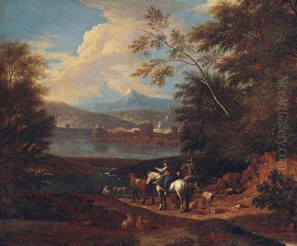 Drovers By A River, A Town And Mountains Beyond Oil Painting by Giuseppe Zais