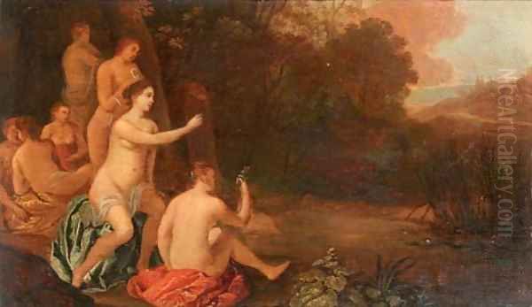 Nymphs bathing in a landscape Oil Painting by Moyses or Moses Matheusz. van Uyttenbroeck