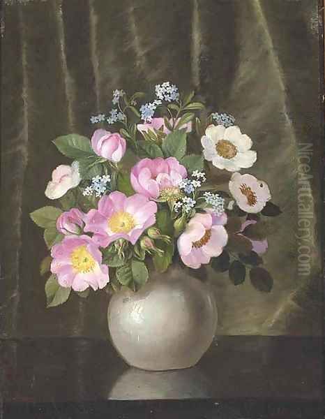 Summer flowers in a grey vase on polished table Oil Painting by Emil C. Unlitz