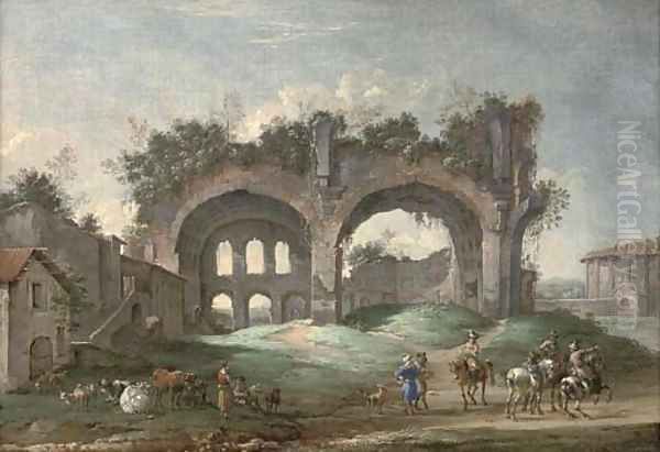 A classical Roman capriccio with travellers near the Temple of Vesta and other ruins Oil Painting by Jacob Van Der Ulft