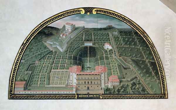 Fort Belvedere and the Pitti Palace from a series of lunettes depicting views of the Medici villas, 1599 Oil Painting by Giusto Utens