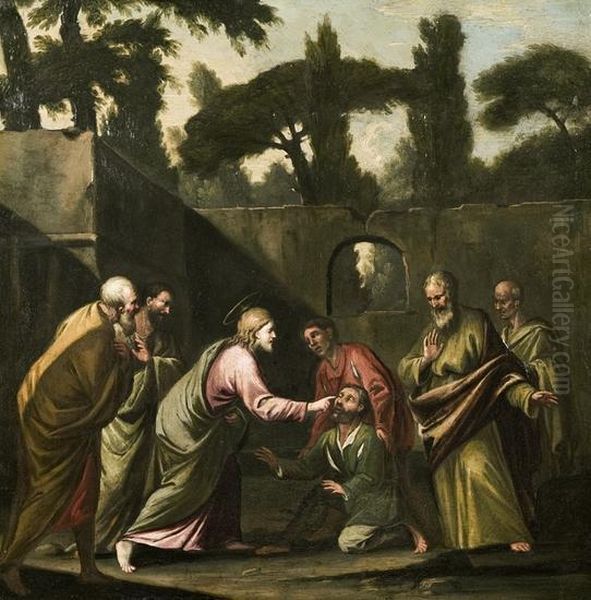 San Pietro Risana Lo Storpio; E Gesu Guarisce Il Cieco Oil Painting by Domenico Zampieri (Domenichino)