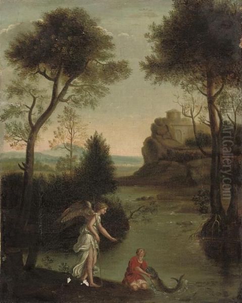 An Italianate Landscape With Tobias And The Angel Oil Painting by Domenico Zampieri (Domenichino)