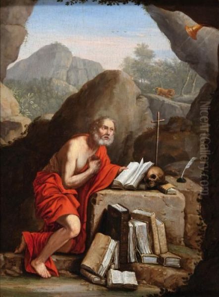 Hilly Landscape,in The 
Foreground Saint Jerome Kneeling In Front Of A Stone Altarwith A Skull 
And Some Books Oil Painting by Domenico Zampieri (Domenichino)