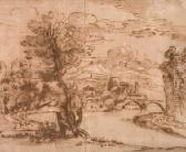 River Landscape With A Castle Near A Bridge Oil Painting by Domenico Zampieri (Domenichino)