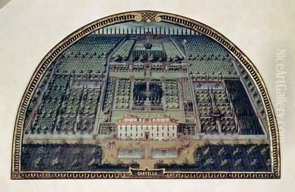 Villa di Castello from a series of lunettes depicting views of the Medici villas, 1599 Oil Painting by Giusto Utens