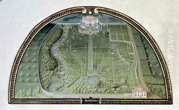 Villa Pratolino Demidoff from a series of lunettes depicting views of the Medici villas, 1599 Oil Painting by Giusto Utens