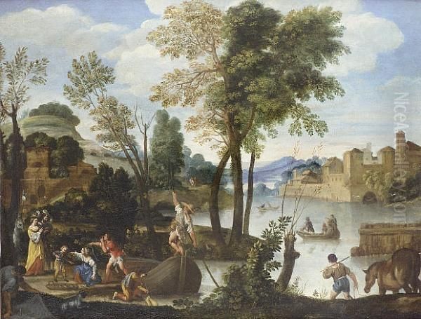 A River Landscape With Elegant Figures Disembarking A Ferry Oil Painting by Domenico Zampieri (Domenichino)