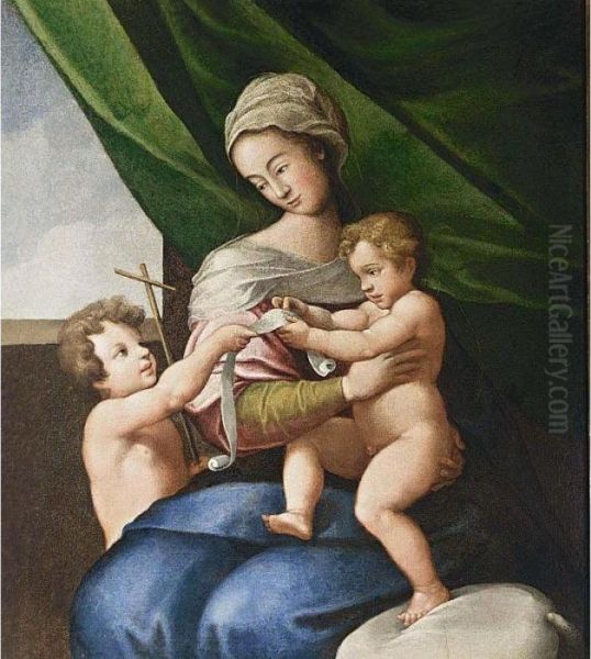 Madonna And Christ With St John The Baptist Oil Painting by Domenico Zampieri (Domenichino)