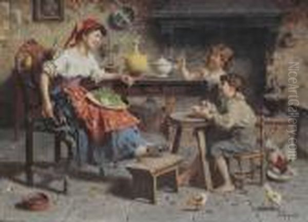 Keukentafereel Met Jonge Moeder 
Aan Het Werk Haar Twee Bellenblazende Kinderen Toelachend Oil Painting by Eugenio Zampighi