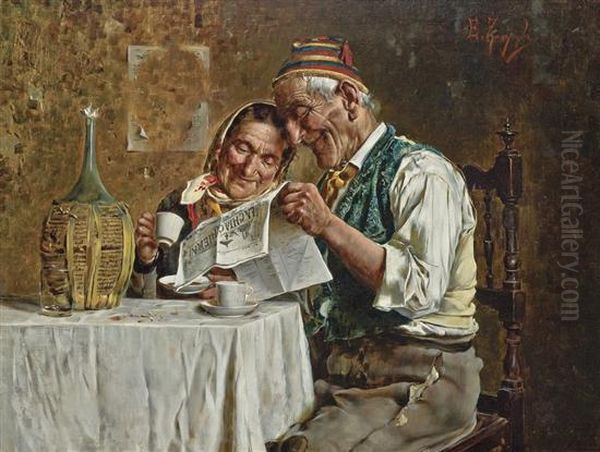 Reading The Newspaper Oil Painting by Eugenio Zampighi