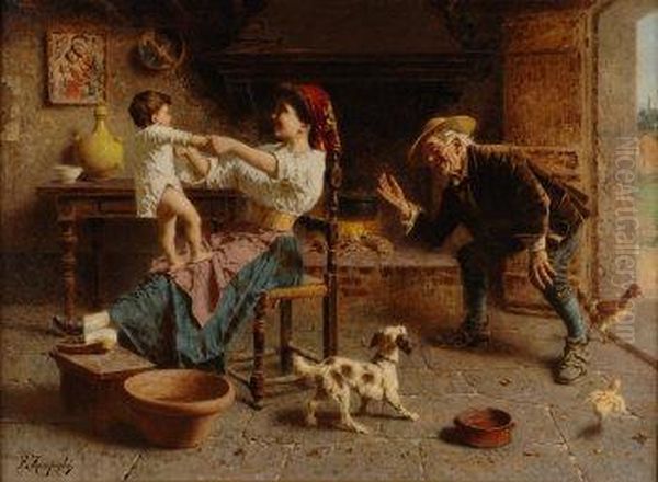 Kitchen Interior With Mother Oil Painting by Eugenio Zampighi