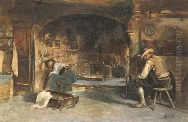 Scena In Interno Al Focolare Oil Painting by Eugenio Zampighi