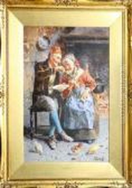 An Elderly Italian Husband And Wife Sharing A Bowl Of Pasta At A Fireside Oil Painting by Eugenio Zampighi