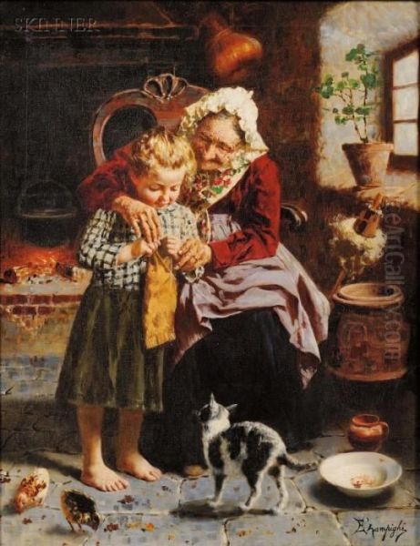 The Knitting Lesson Oil Painting by Eugenio Zampighi