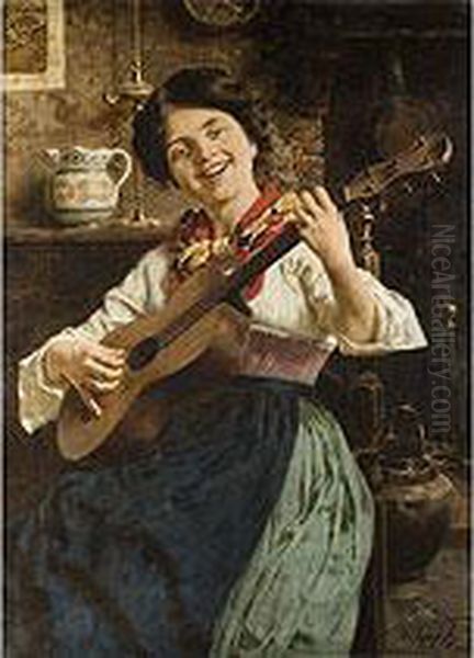 Junge Gitarrenspielerin Oil Painting by Eugenio Zampighi