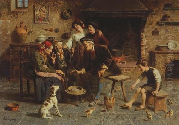 A Family Gathering Oil Painting by Eugenio Zampighi