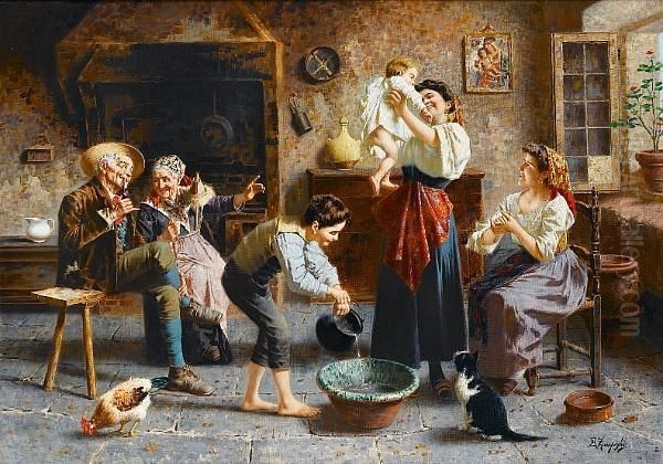 The First Bath Oil Painting by Eugenio Zampighi