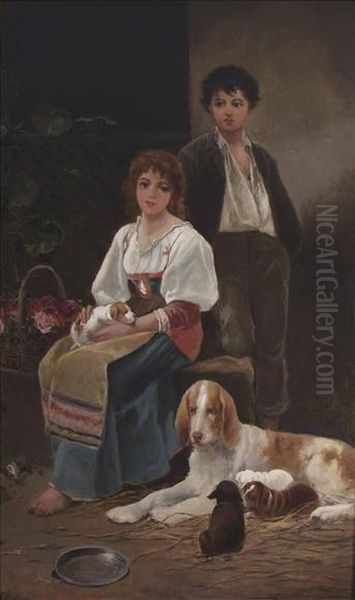 Children With A Dog And Puppies Oil Painting by Eugenio Zampighi