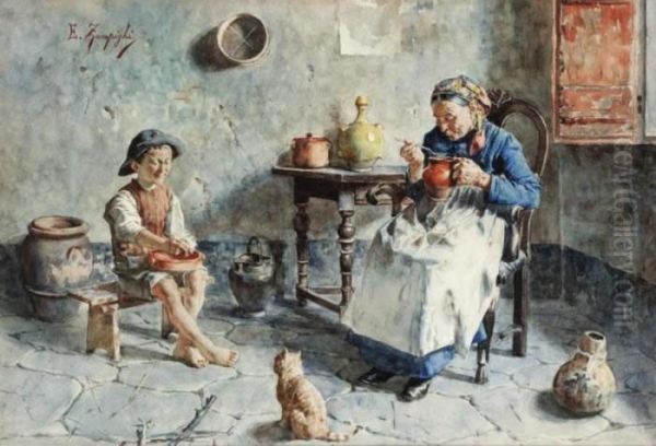 Feeding Time Oil Painting by Eugenio Zampighi