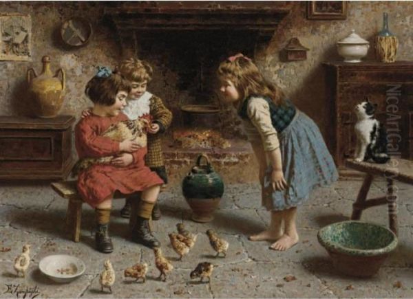 Tending The Chickens Oil Painting by Eugenio Zampighi